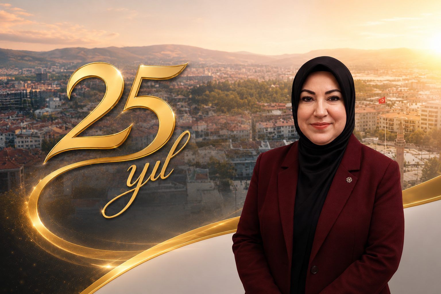 Başörtülü bir kadın, arka planda şehir manzarası ve altın renkli “25 yıl” yazısıyla görülüyor.
