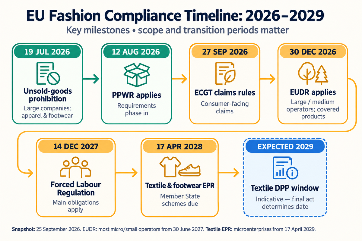Timeline of key EU fashion and textile sustainability regulatory deadlines from 2026 through 2029.