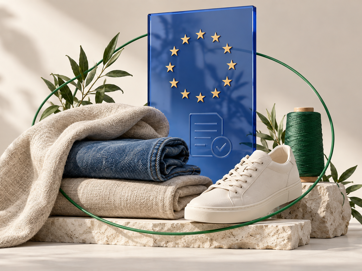 Linen, denim, a sneaker and green thread arranged around a blue panel with European stars, illustrating EU textile sustainability and compliance.