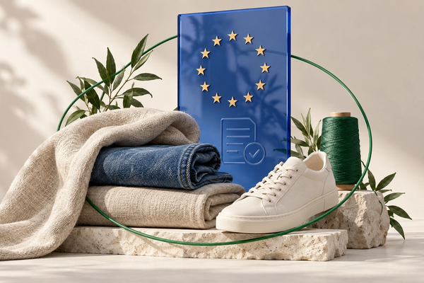 Linen, denim, a sneaker and green thread arranged around a blue panel with European stars, illustrating EU textile sustainability and compliance.