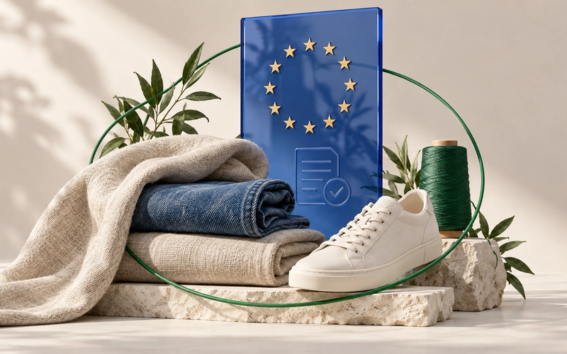 Linen, denim, a sneaker and green thread arranged around a blue panel with European stars, illustrating EU textile sustainability and compliance.