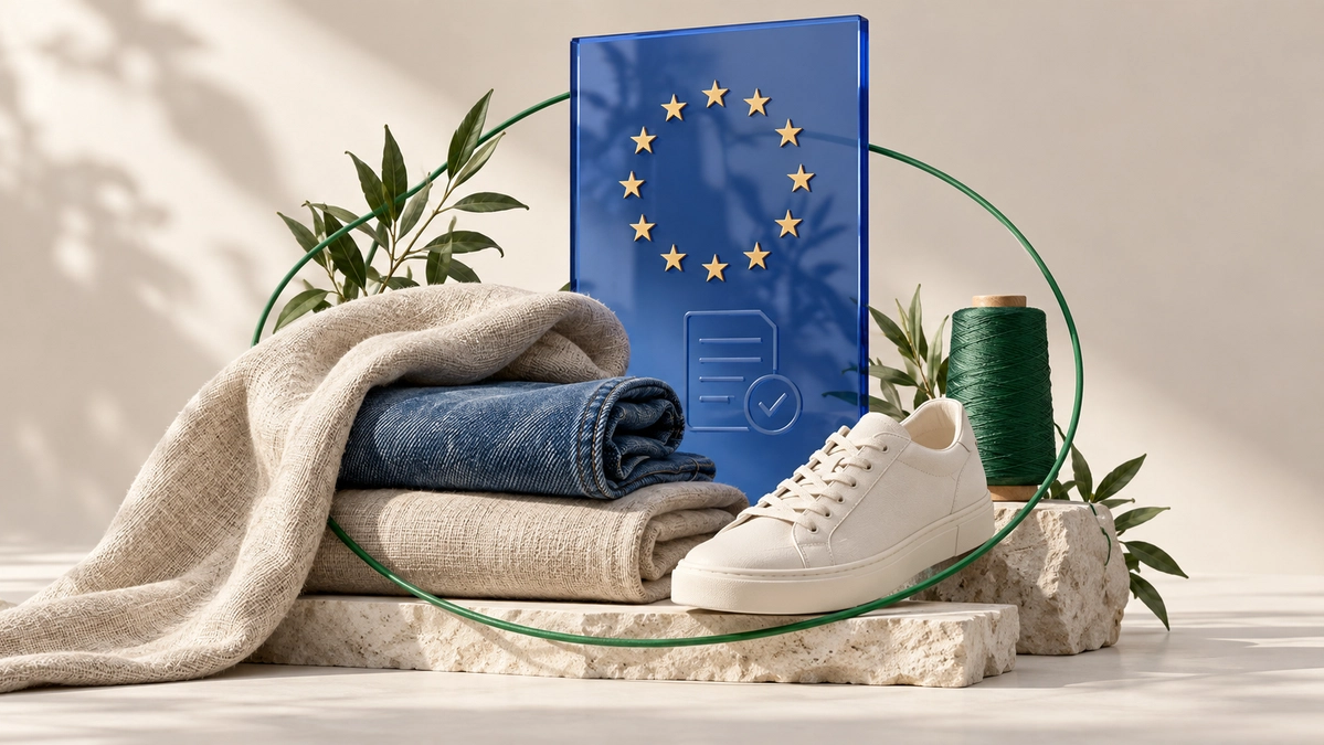 Linen, denim, a sneaker and green thread arranged around a blue panel with European stars, illustrating EU textile sustainability and compliance.