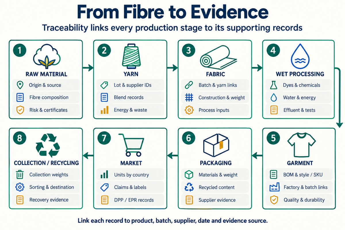 Textile supply-chain traceability showing sustainability and regulatory data required from fibre through recycling.
