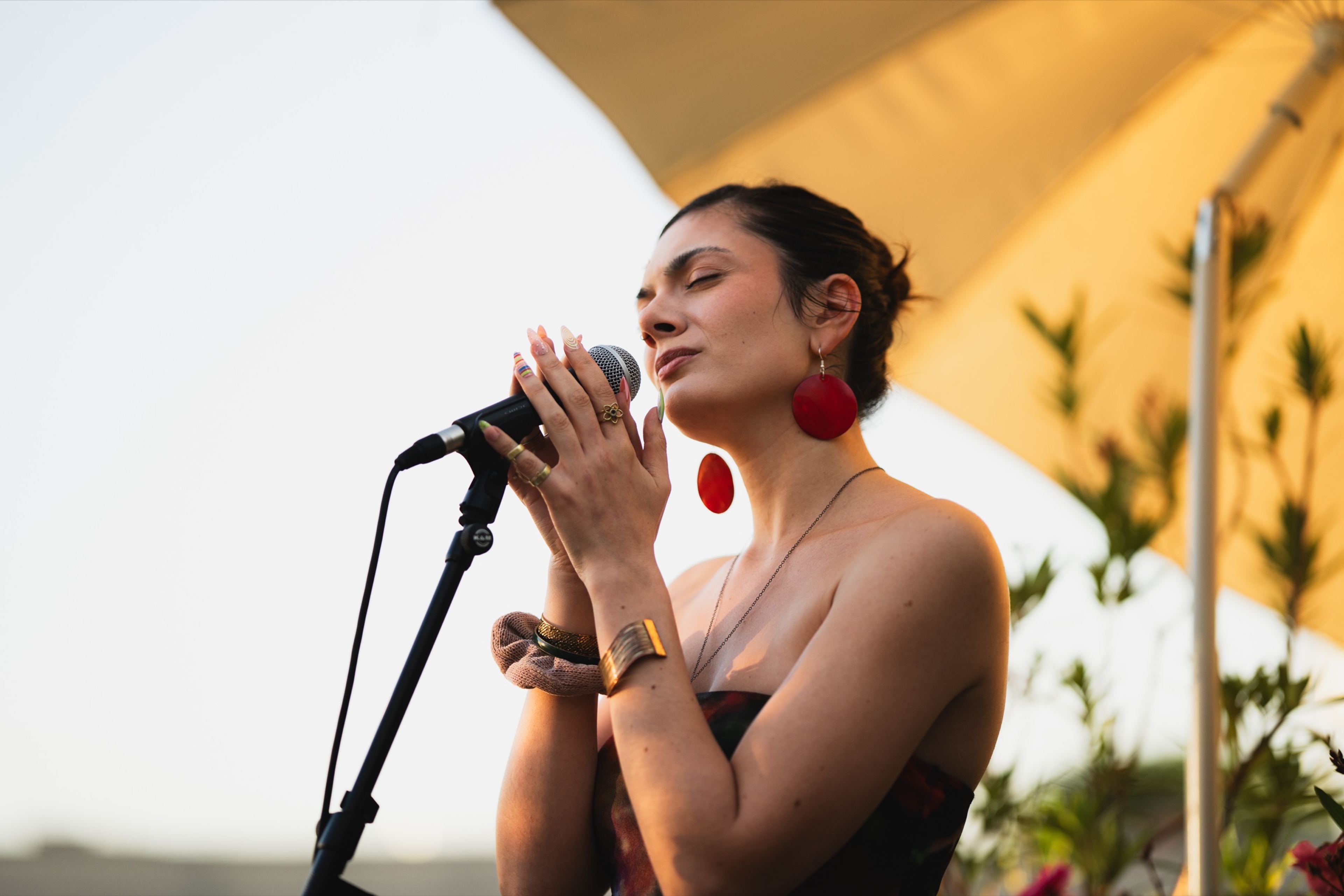 Vocalist holding the microphone close during a tender moment at golden hour