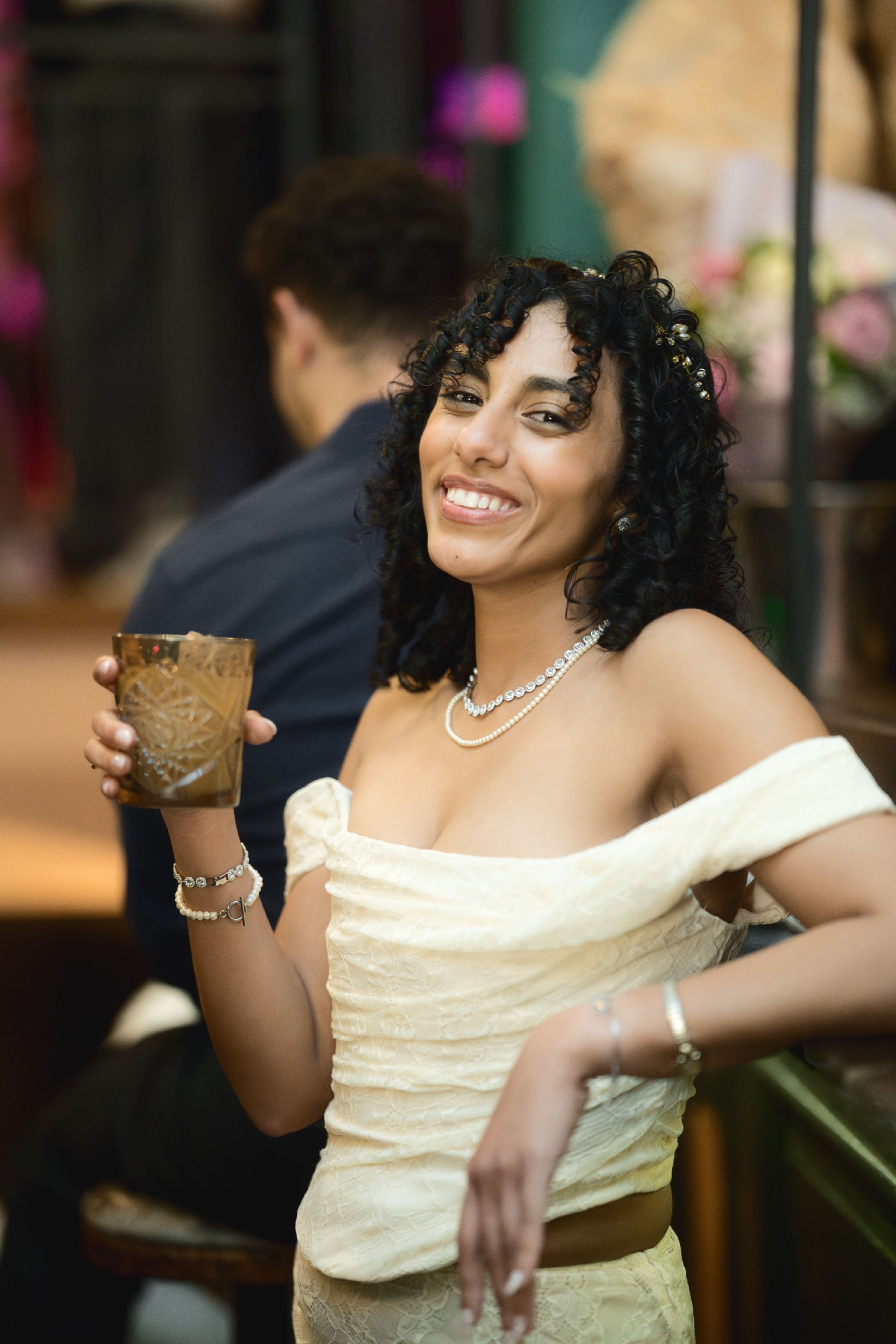 Portrait of the bride in an off-shoulder gown