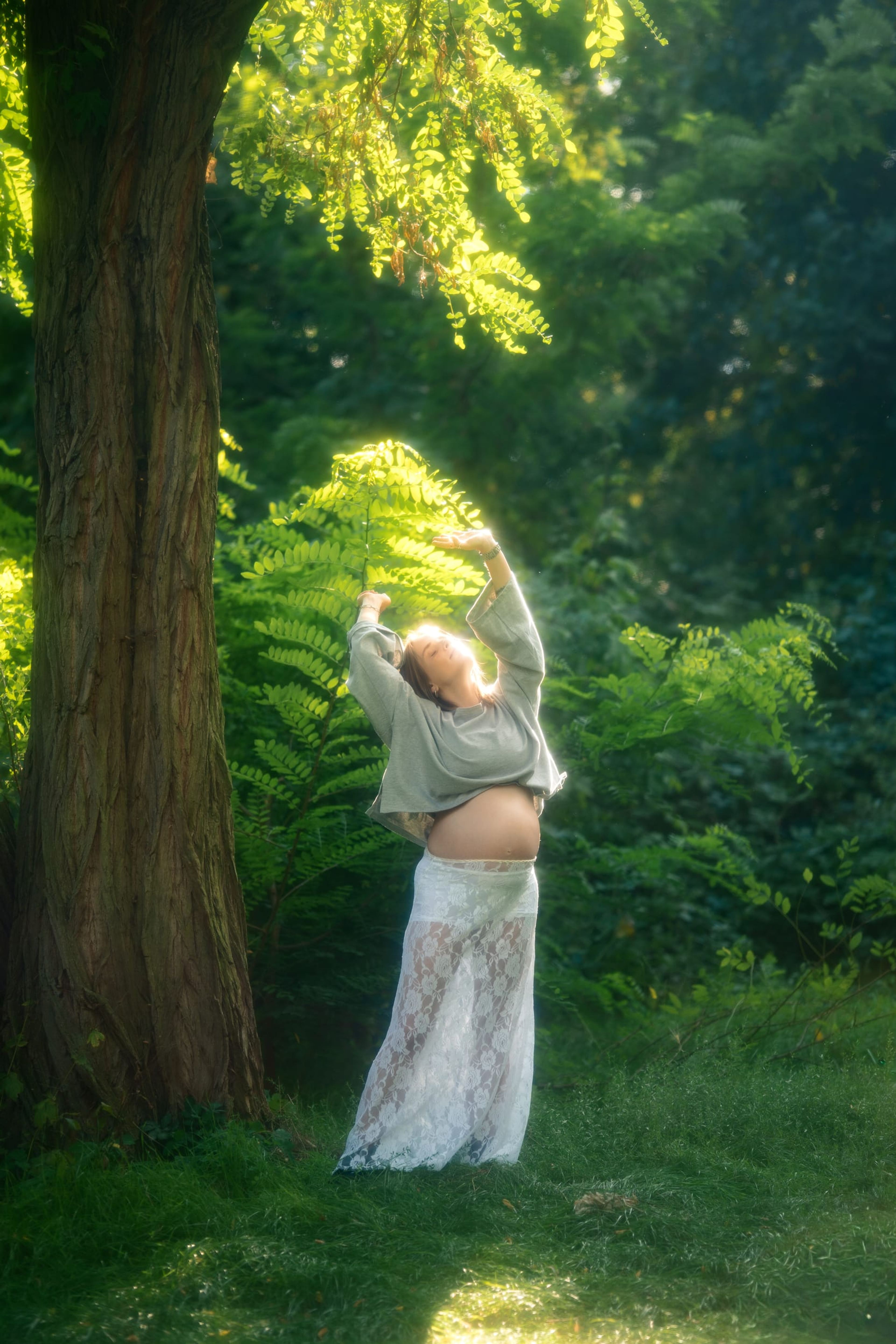 Expectant mother reaching up toward the branches of a large tree