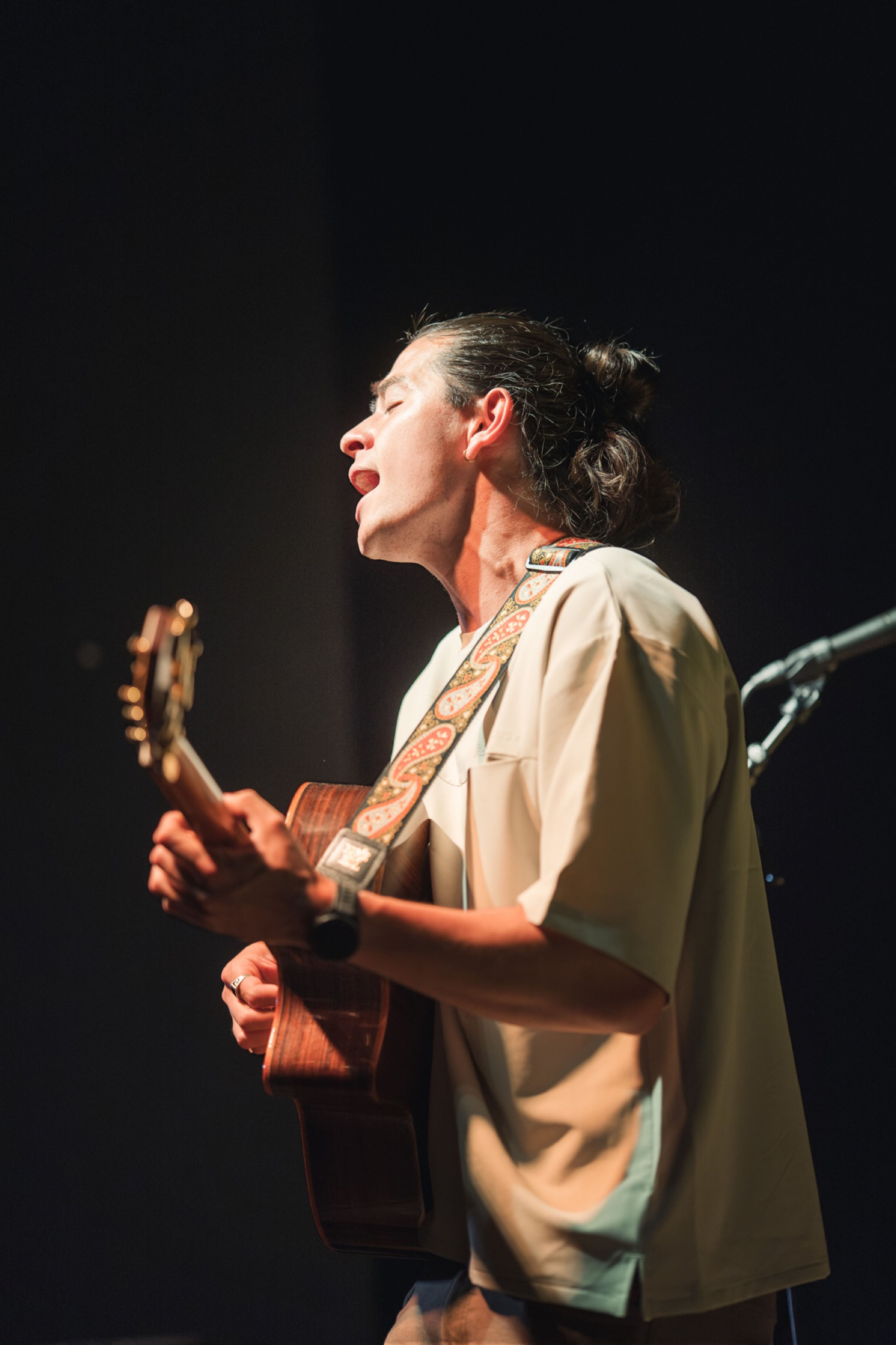 Musician playing guitar during the performance
