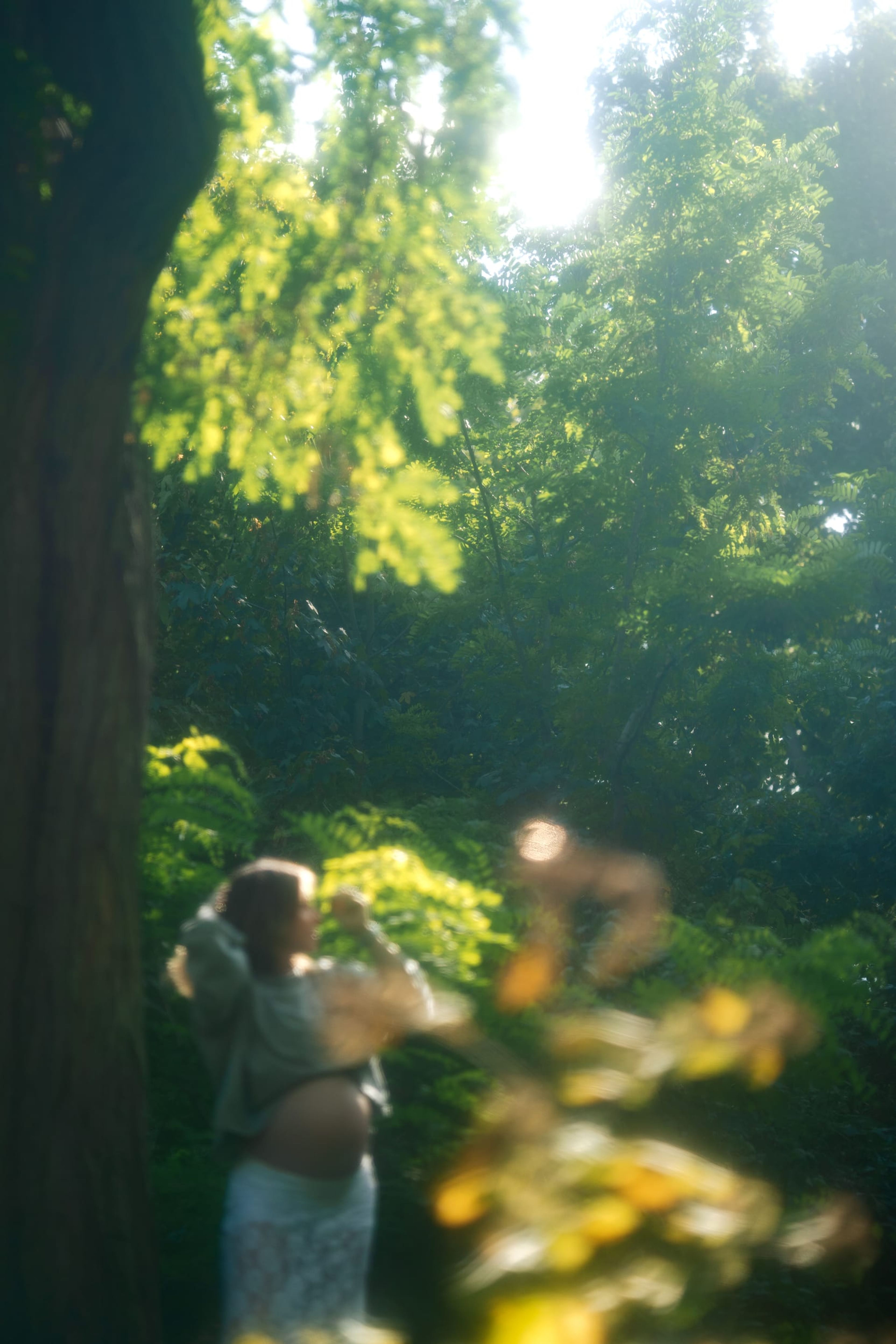 Soft, dreamy view of the expectant mother through sunlit foliage