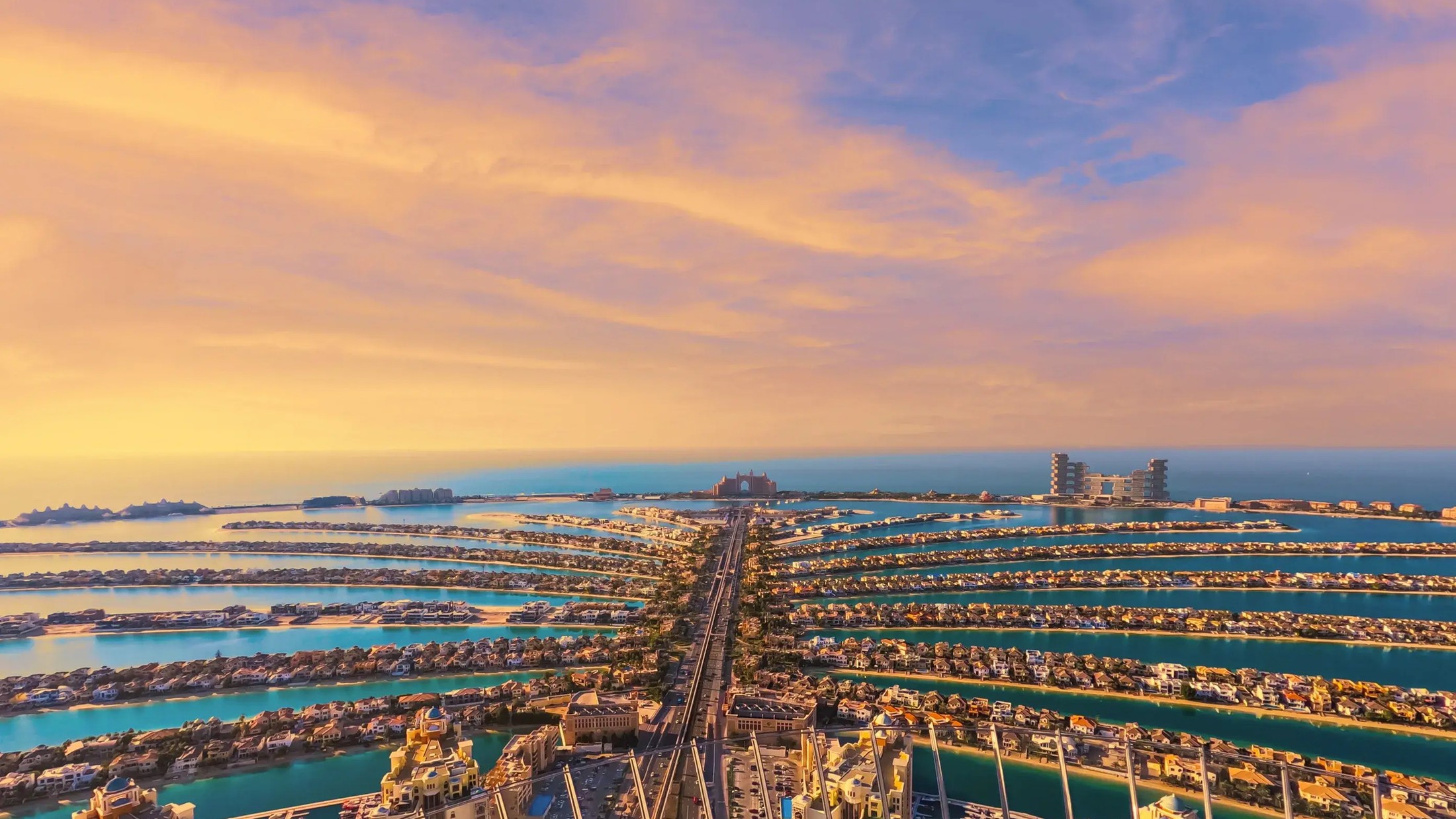 Palm Jumeirah from the air at sunset