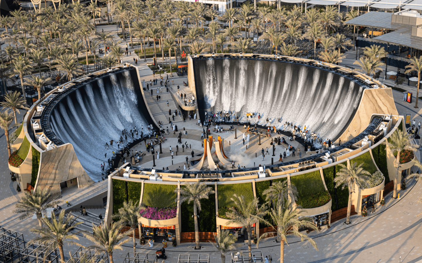 Aerial view of the Surreal water feature's cascading walls at Expo City Dubai