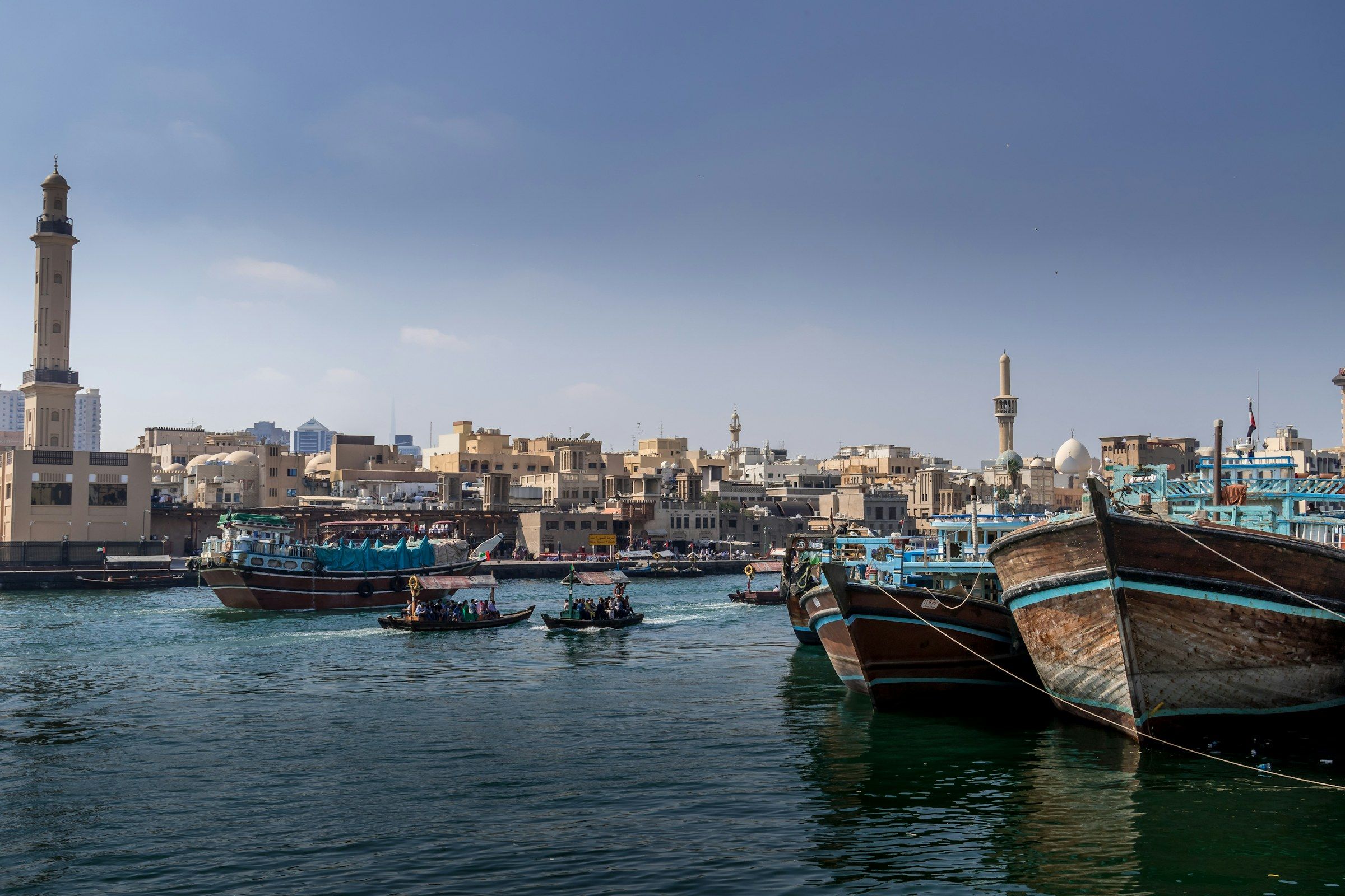 Wooden dhows moored on Dubai Creek