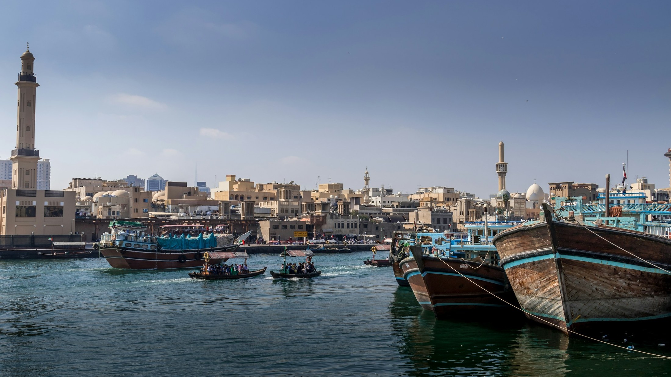 Wooden dhows moored on Dubai Creek