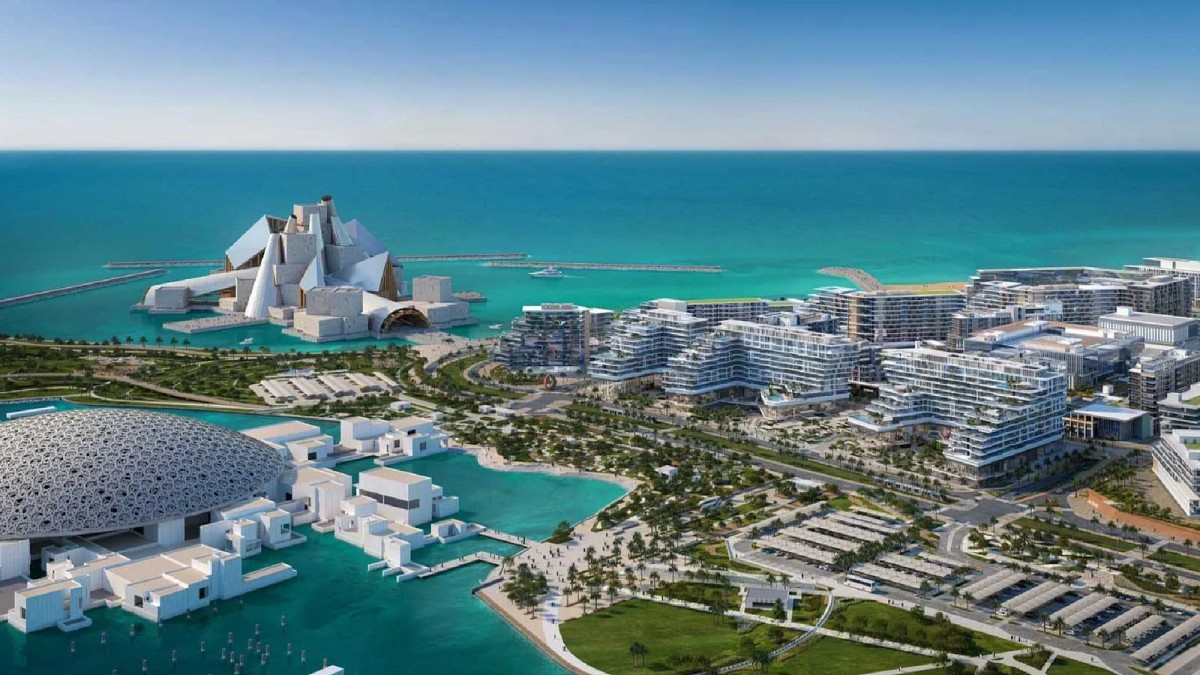 An aerial view of the Saadiyat Cultural District on Abu Dhabi's shoreline, the Louvre dome beside the new museums