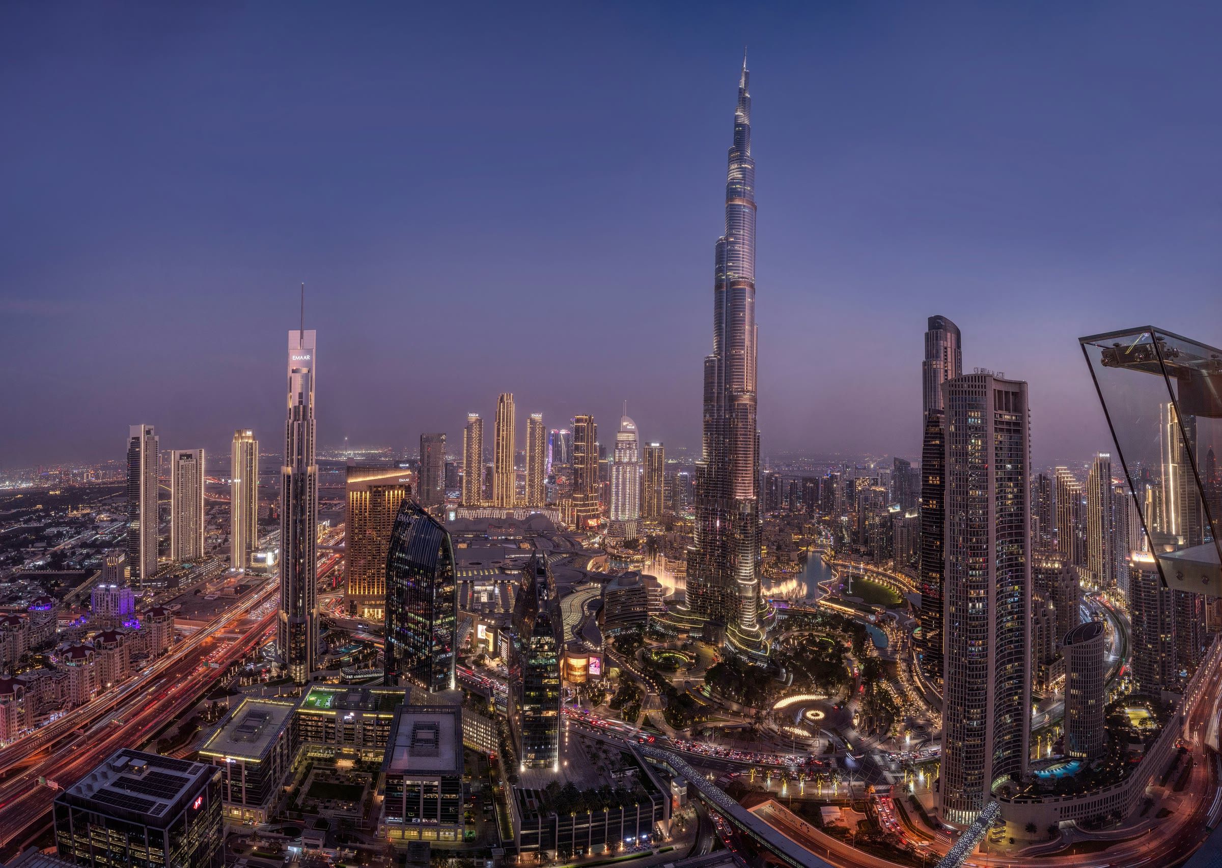 Downtown Dubai and the Burj Khalifa at blue hour