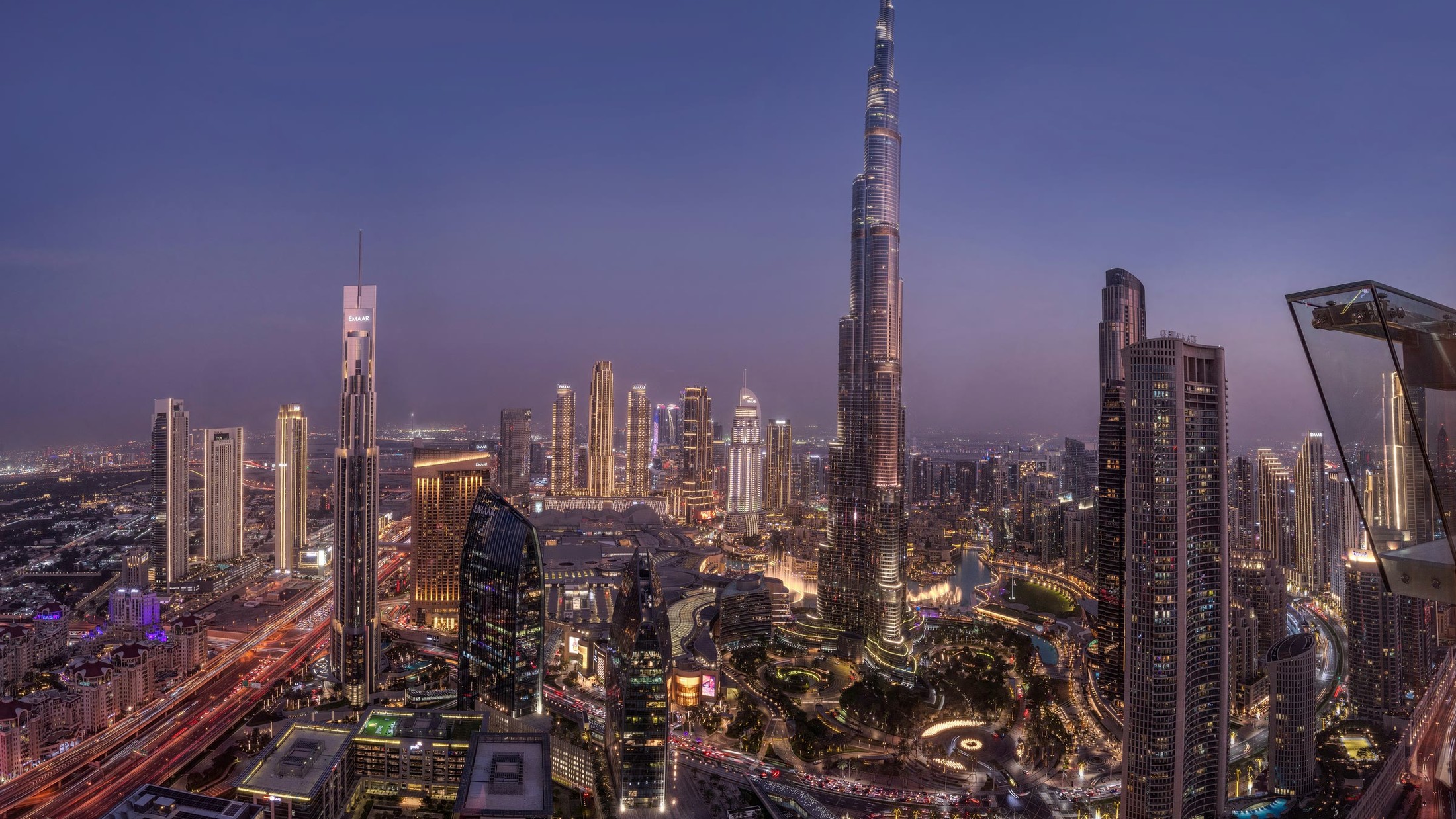 Downtown Dubai and the Burj Khalifa at blue hour