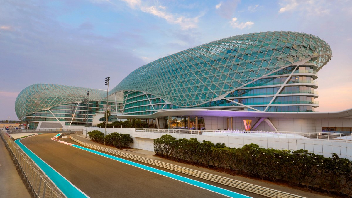 The W Abu Dhabi's lattice canopy over the Yas Marina Circuit on Yas Island at dusk