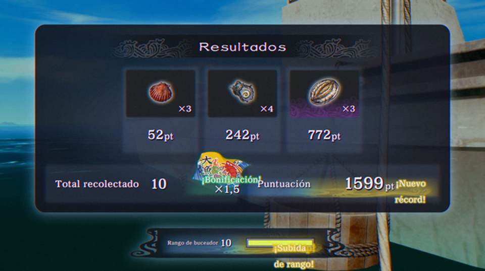 Pantalla de resultados del minijuego de buceo en español.