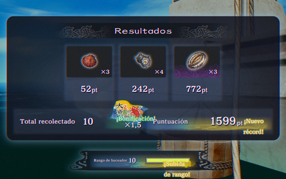 Pantalla de resultados del minijuego de buceo en español.