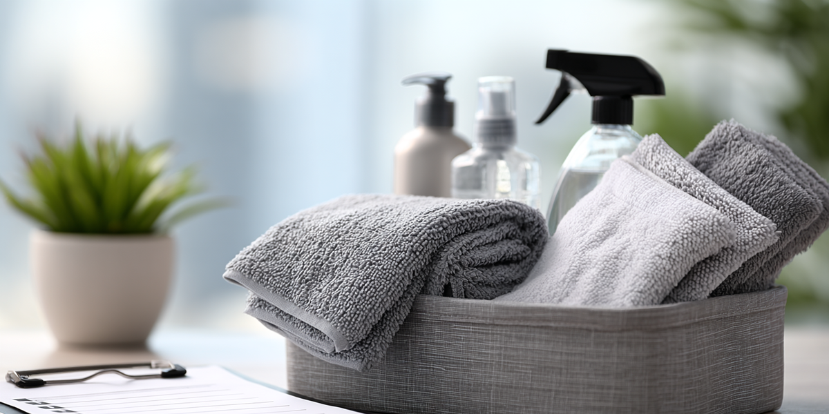 Neatly arranged cleaning caddy with microfiber cloths, spray bottles, and a clipboard checklist