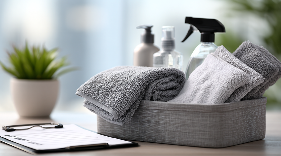 Neatly arranged cleaning caddy with microfiber cloths, spray bottles, and a clipboard checklist