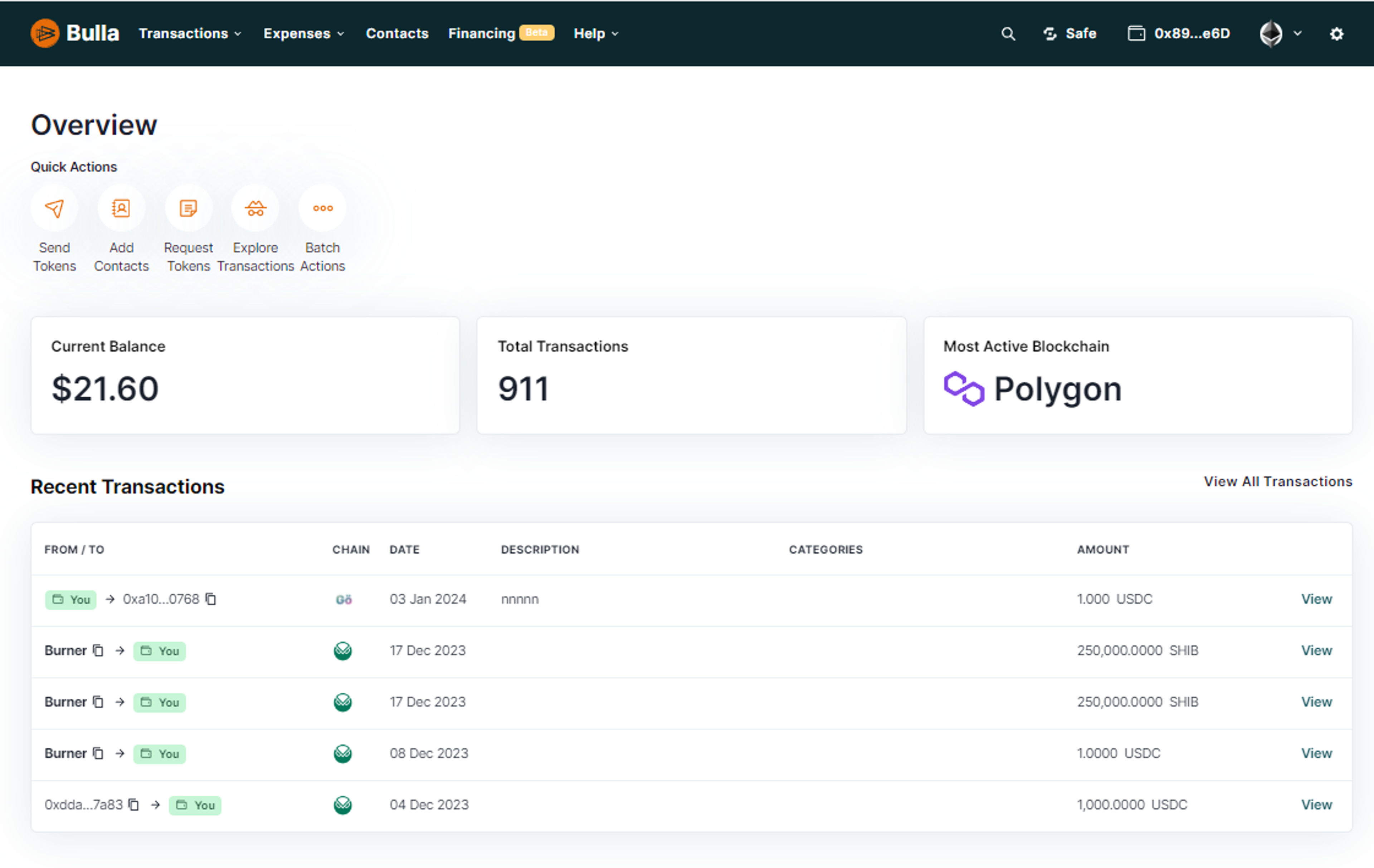 Bulla Explorer gives you a broad overview of your on-chain transactions