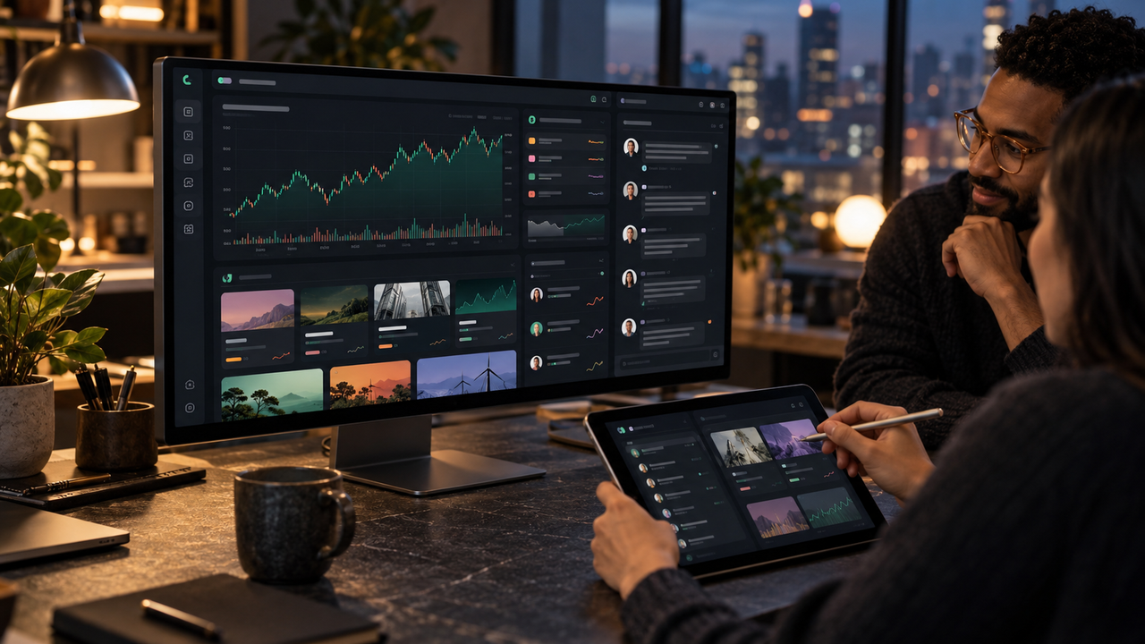 Illustrative fintech workspace showing fictional market charts, stock discovery cards and investor community discussions in one interface.
