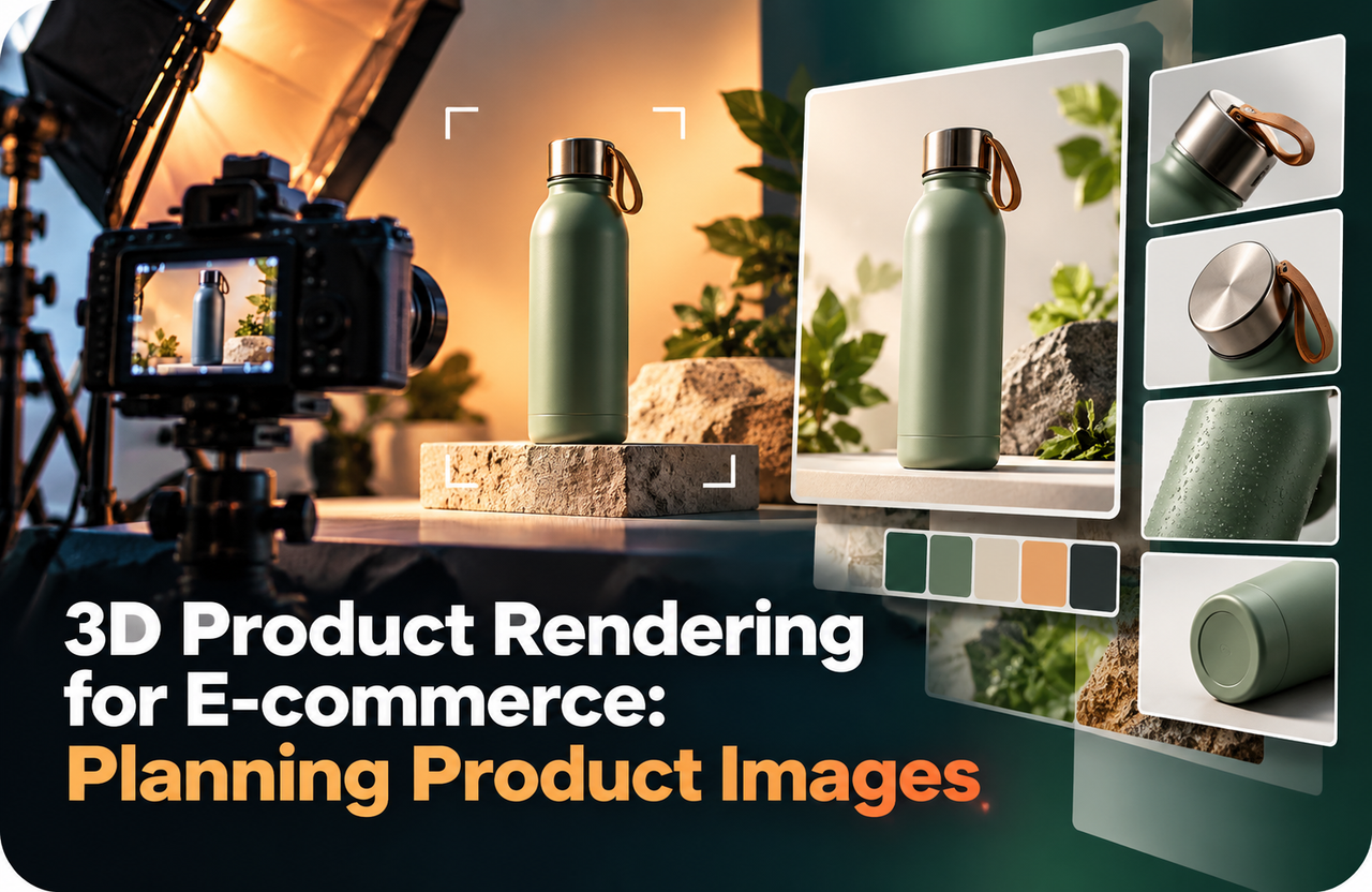 Studio product rendering setup with ecommerce image variants, camera framing, and product-detail views.