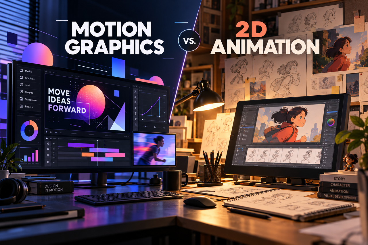 Motion graphics and 2D animation compared through product storytelling visuals.