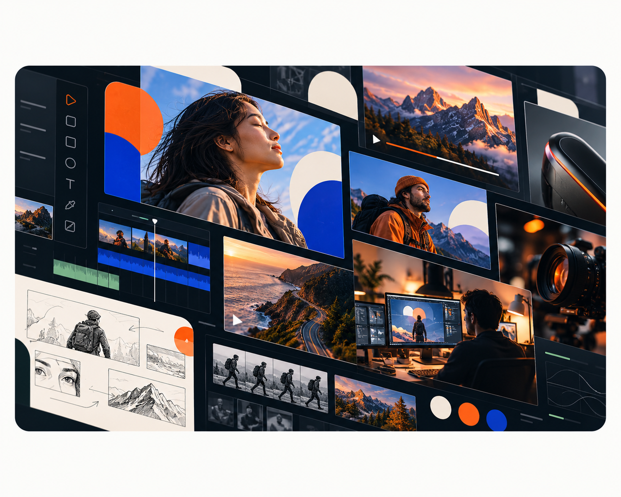 A creative studio production collage with filmmaking, storyboards, animation frames, and digital editing interfaces