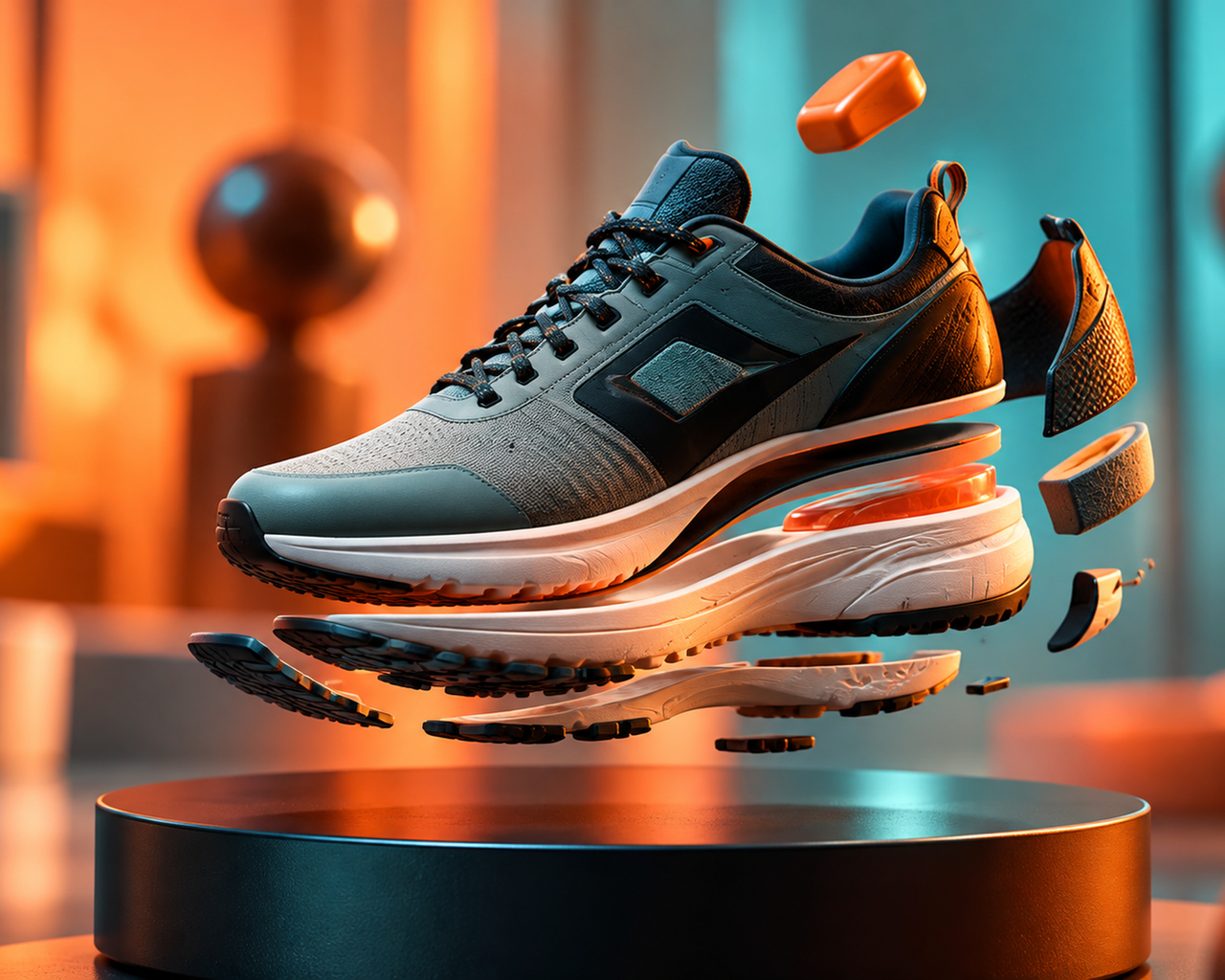 3D athletic sneaker product visualization with exploded components and studio lighting