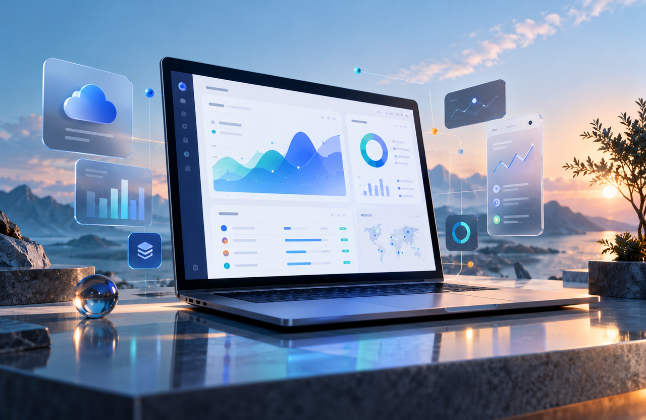 SaaS analytics dashboard on a laptop with floating digital interfaces
