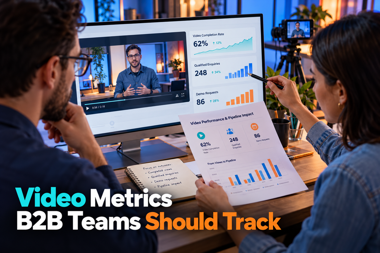 B2B video performance concept with engagement, viewing and conversion metrics.