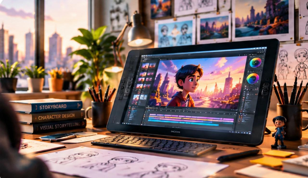 Illustrative animation production workspace with digital artwork, storyboard sketches and creative editing screens.