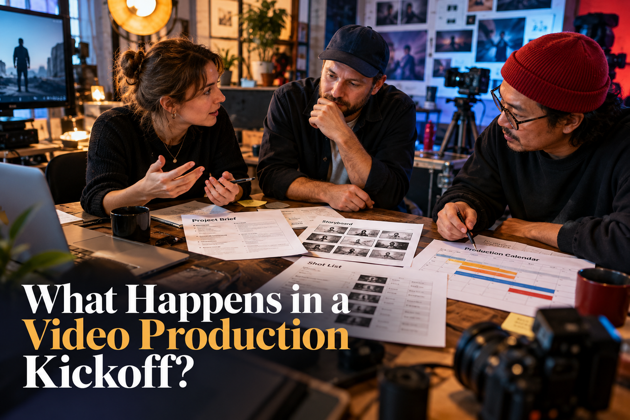 Video production kickoff workspace with brief, storyboard, references and planning notes.