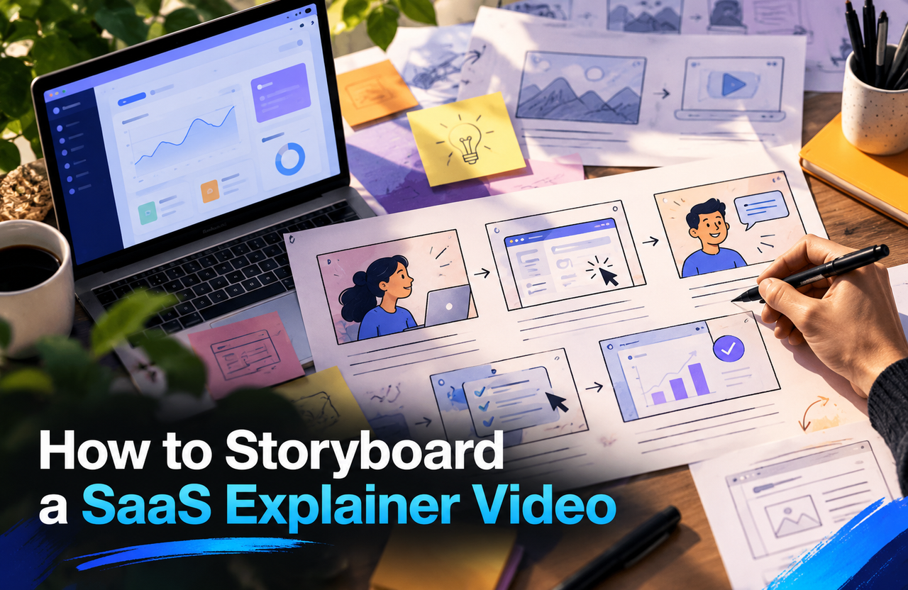 Storyboard sketches and composition studies for an explainer video