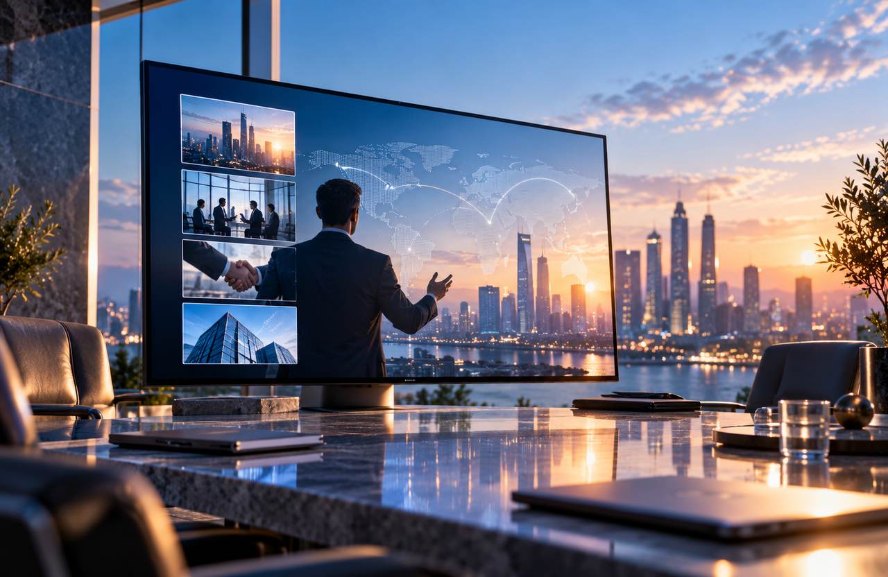 Corporate brand film visualization featuring business footage, a global map, and city skyline
