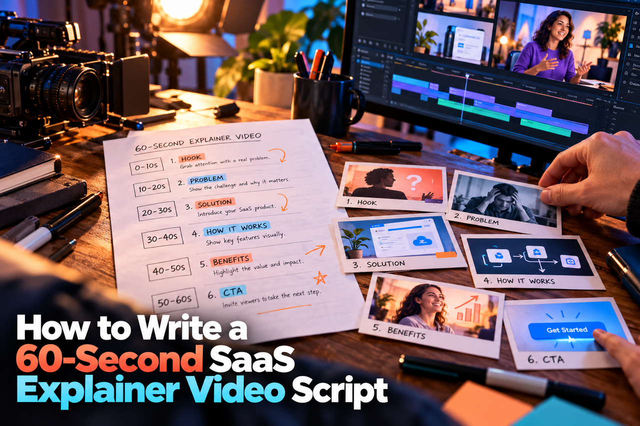 SaaS explainer script and storyboard planning for a concise 60-second video.