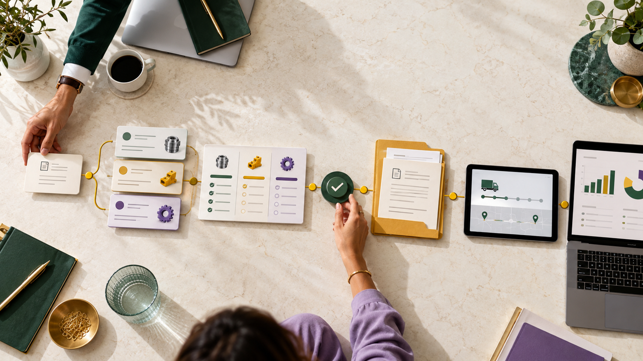 Illustrative overhead view of a procurement request moving through quotation comparison, approval, purchase order, tracking and spend analysis.