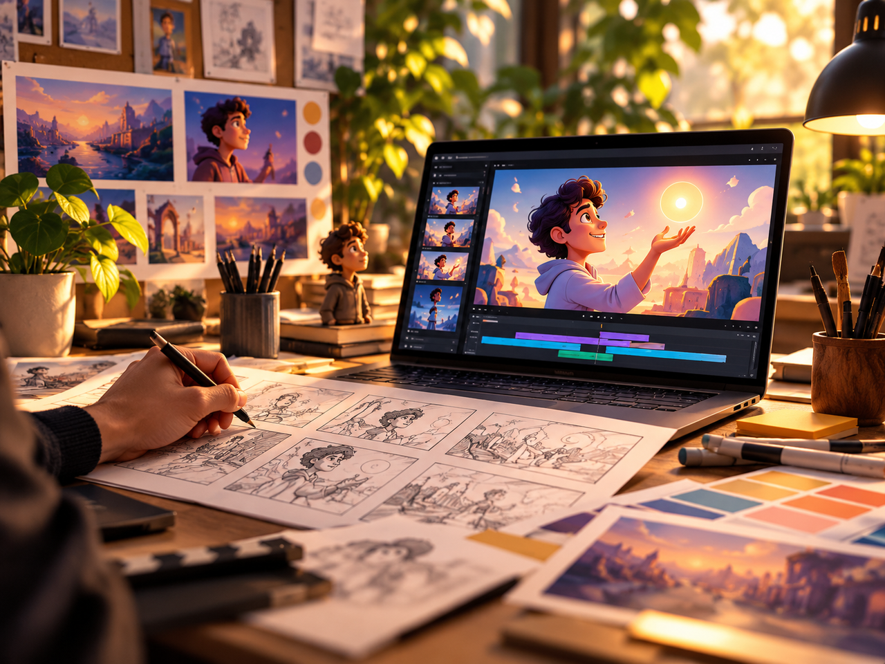 Creative animation studio with storyboard drawings, color references, and character animation in progress