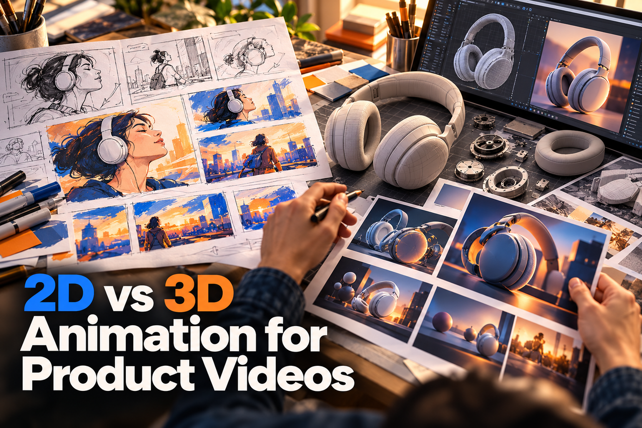 Side-by-side 2D and 3D product animation approaches.