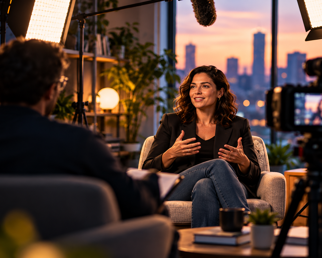 Professional live-action interview film set with presenter, cameras and studio lighting