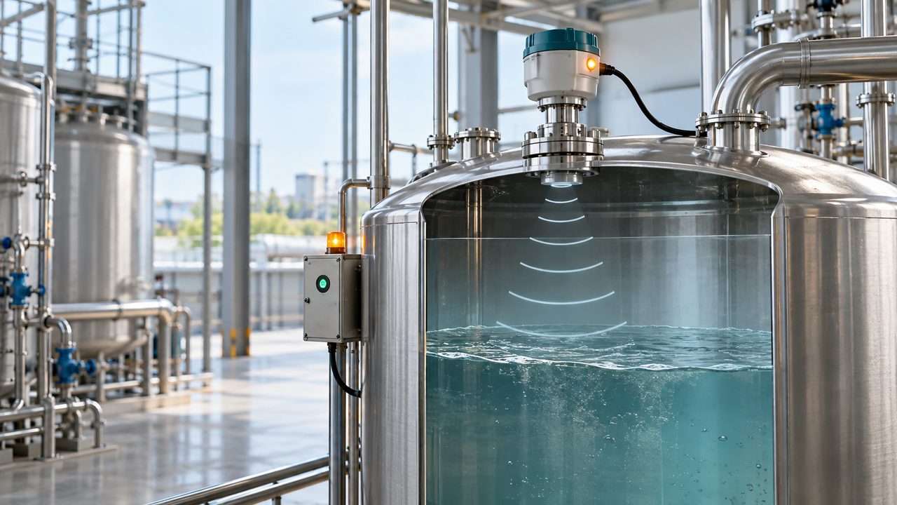 Illustrative view of a radar level sensor monitoring liquid inside an industrial tank without physical contact.