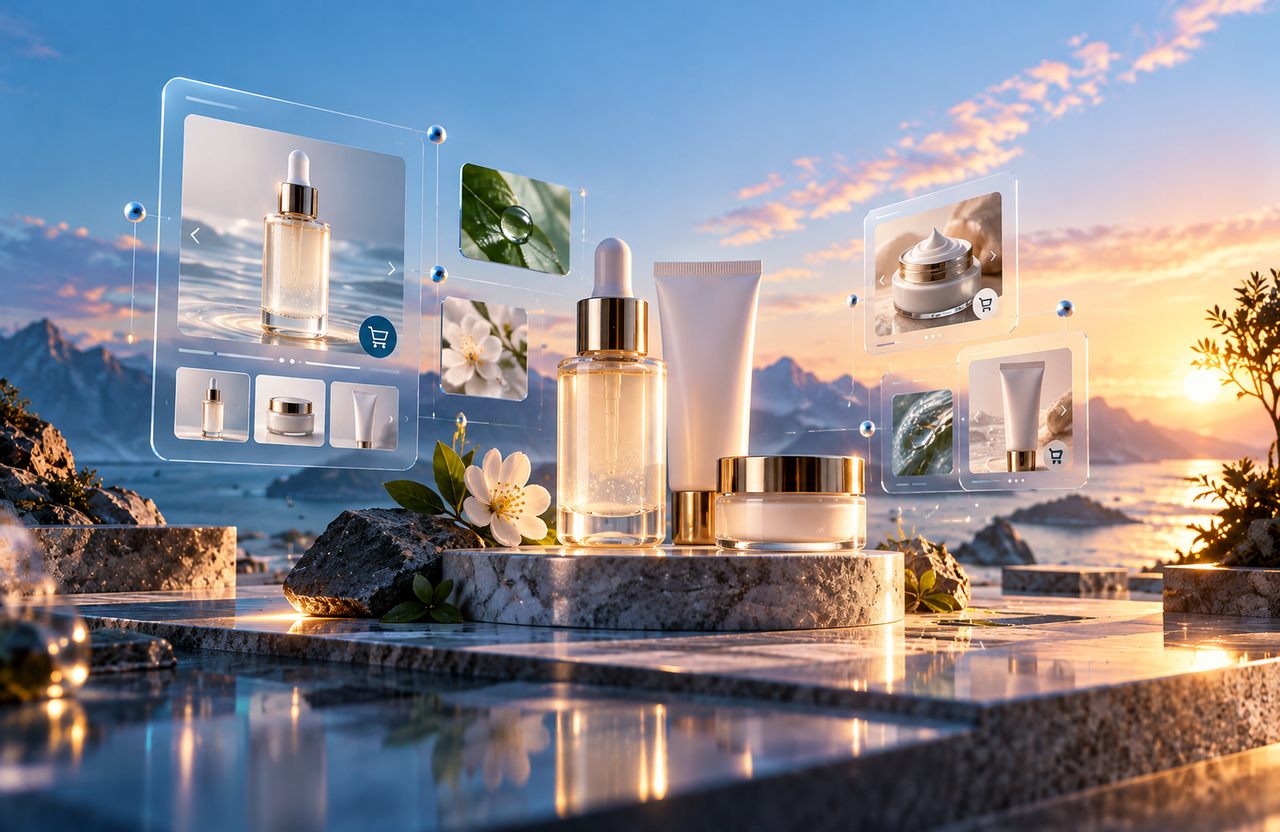 Premium skincare products with cinematic ecommerce presentation and product detail interface
