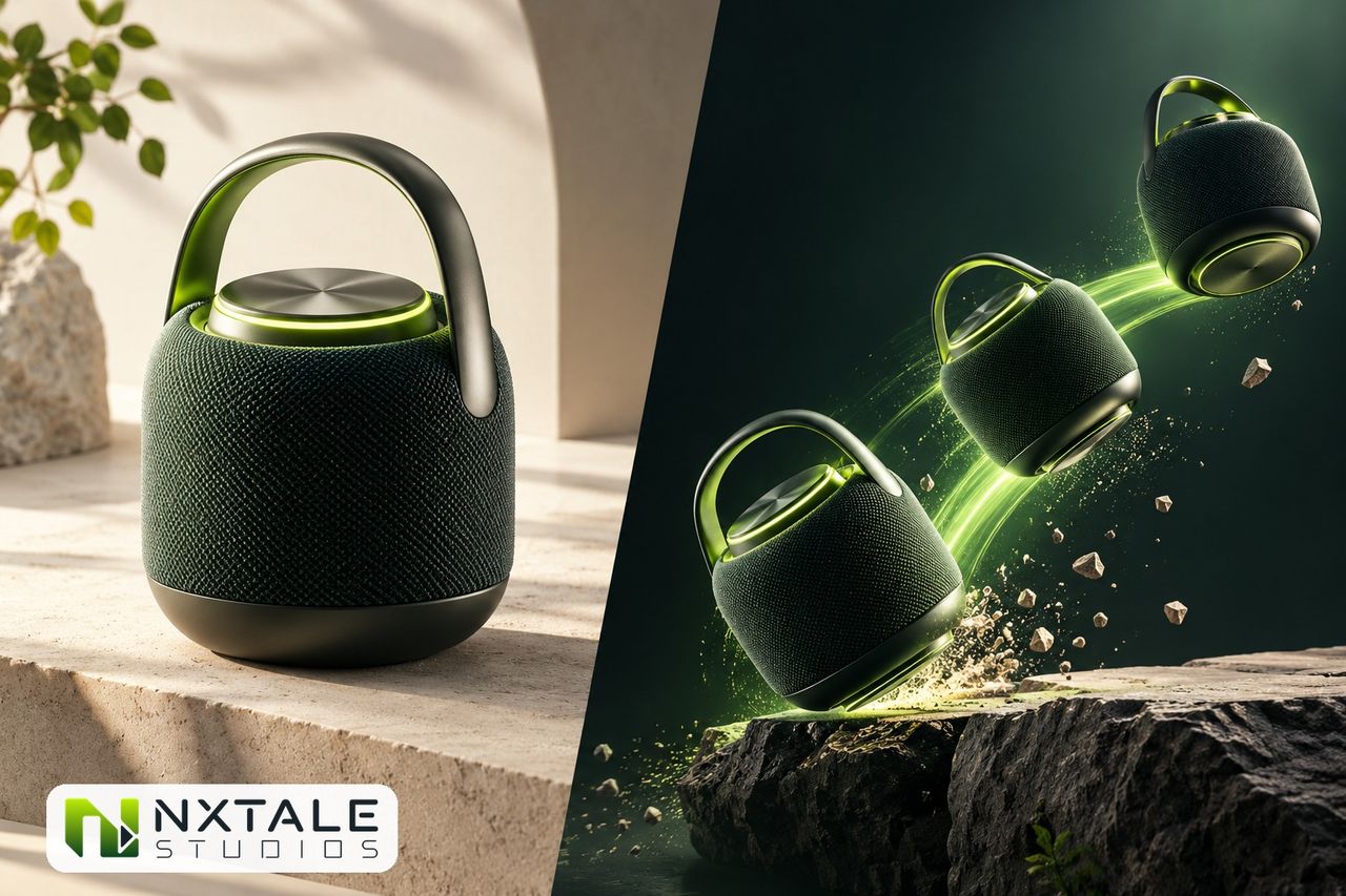 Stylized 3D illustration of a black handled product shown in several positions with green motion trails.