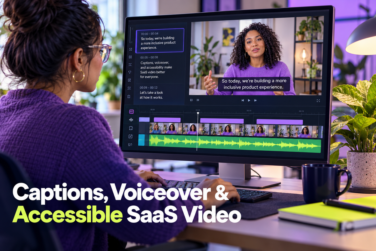 SaaS video interface with captions, voiceover timeline and accessibility cues.