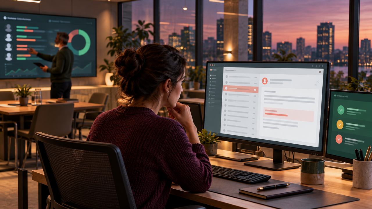Illustrative office scene showing an employee reviewing a suspicious email while a manager monitors cybersecurity training progress.