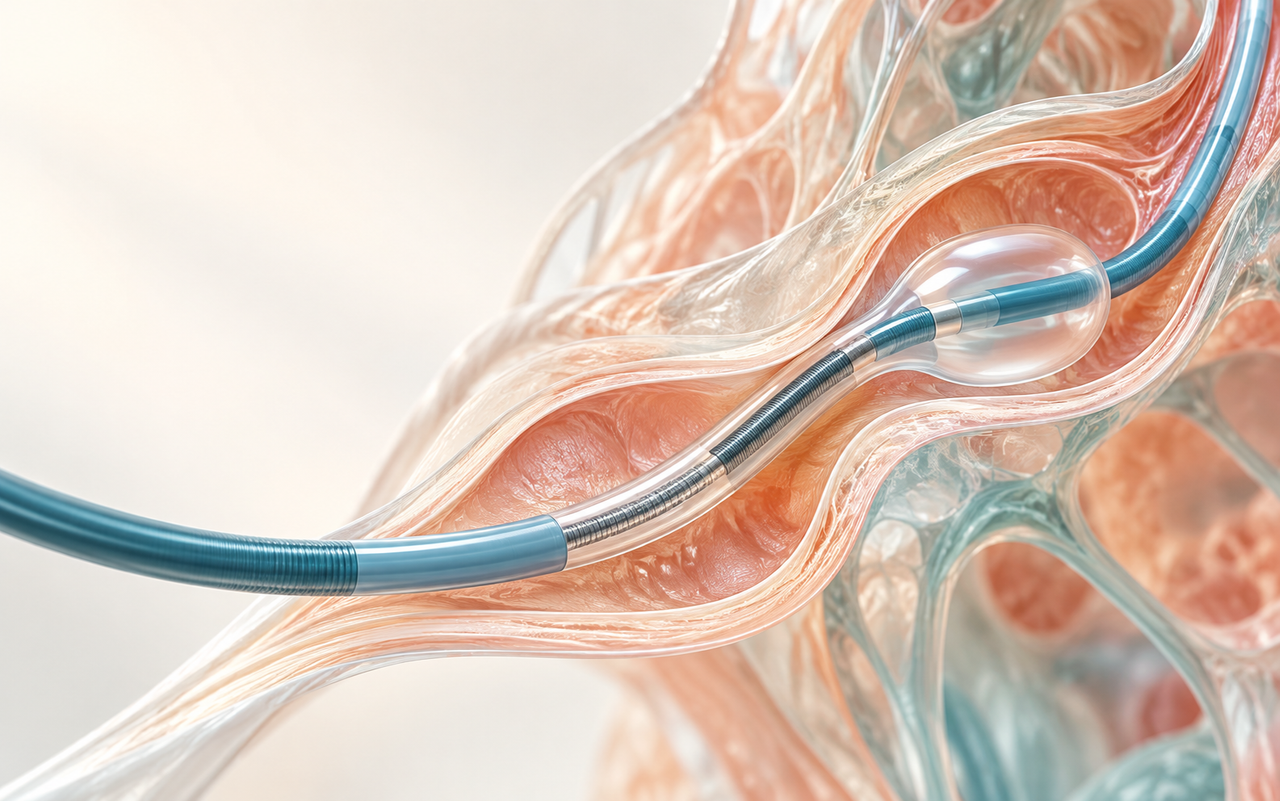 Illustrative 3D rendering of a generic balloon catheter inside a translucent anatomical channel.