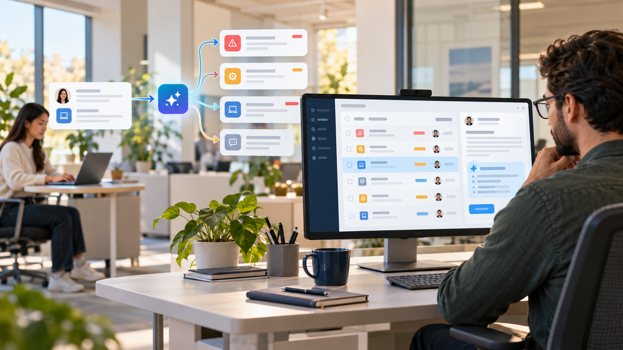 Illustrative IT support workspace showing a fictional ticket moving through prioritization, assignment and AI-assisted recommendations.
