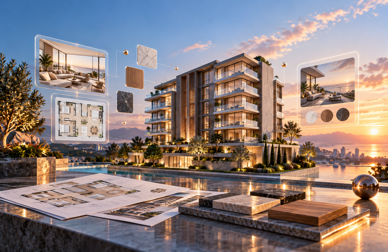 Architectural rendering of a modern luxury building with floor plans and material studies