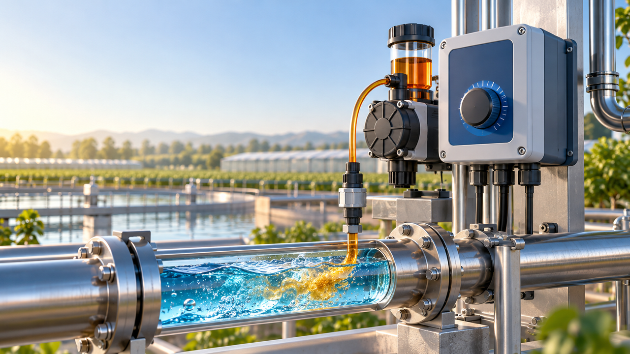 Illustrative 3D rendering of a chemical dosing controller, pump and water line showing a conceptual treatment flow.